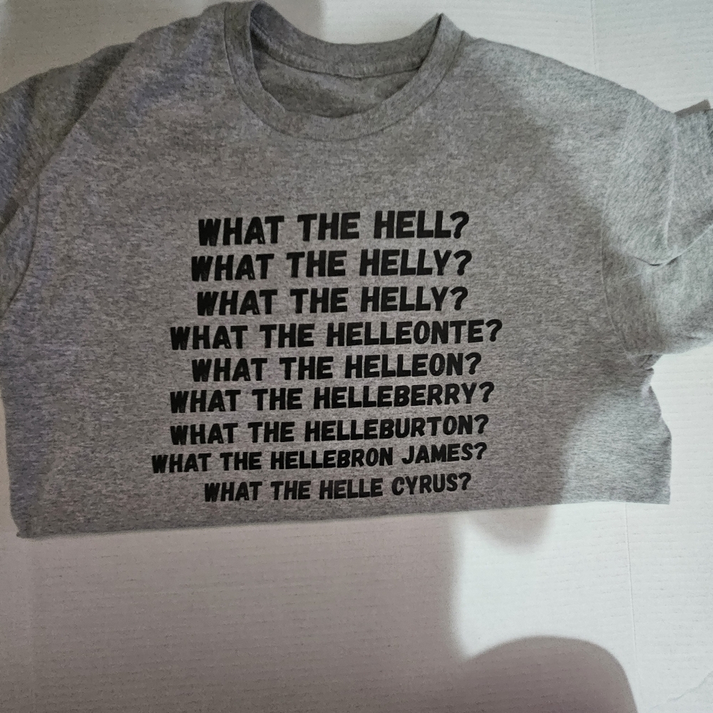 Gray Graphic T-Shirt with Bold Text "WTHELLY"